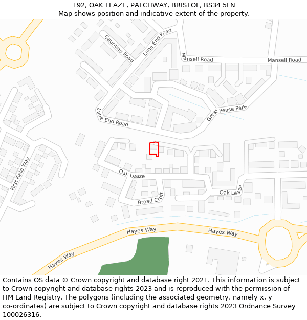 192, OAK LEAZE, PATCHWAY, BRISTOL, BS34 5FN: Location map and indicative extent of plot