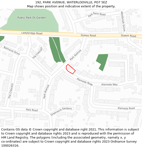 192, PARK AVENUE, WATERLOOVILLE, PO7 5EZ: Location map and indicative extent of plot