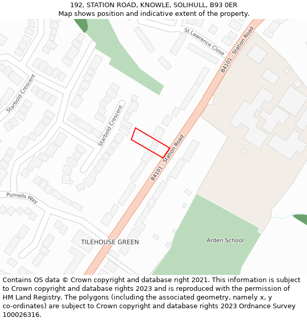 192, STATION ROAD, KNOWLE, SOLIHULL, B93 0ER: Location map and indicative extent of plot