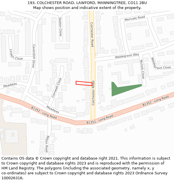 193, COLCHESTER ROAD, LAWFORD, MANNINGTREE, CO11 2BU: Location map and indicative extent of plot