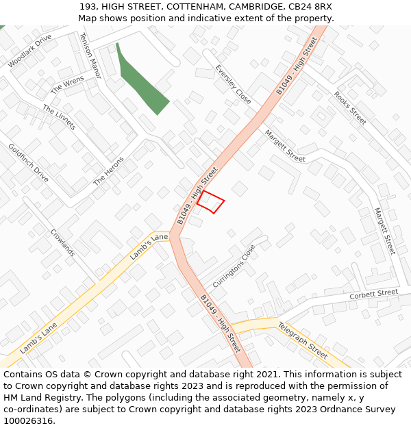 193, HIGH STREET, COTTENHAM, CAMBRIDGE, CB24 8RX: Location map and indicative extent of plot