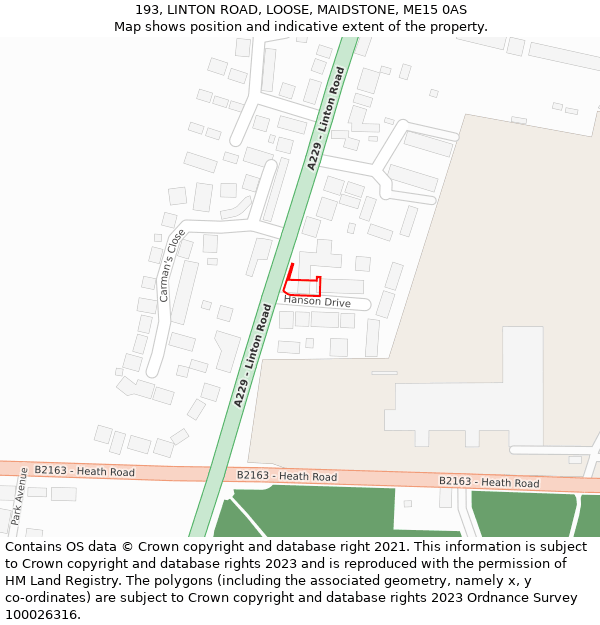 193, LINTON ROAD, LOOSE, MAIDSTONE, ME15 0AS: Location map and indicative extent of plot