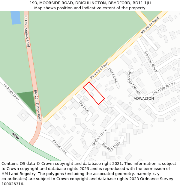 193, MOORSIDE ROAD, DRIGHLINGTON, BRADFORD, BD11 1JH: Location map and indicative extent of plot