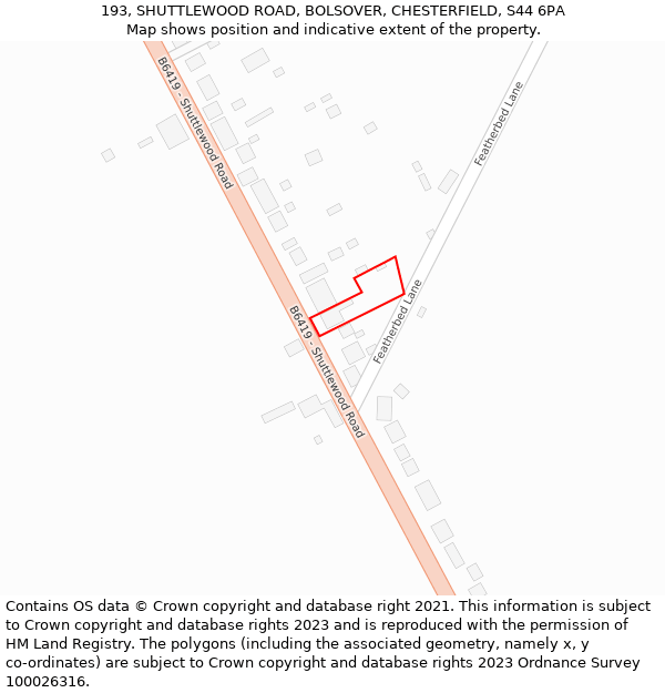 193, SHUTTLEWOOD ROAD, BOLSOVER, CHESTERFIELD, S44 6PA: Location map and indicative extent of plot