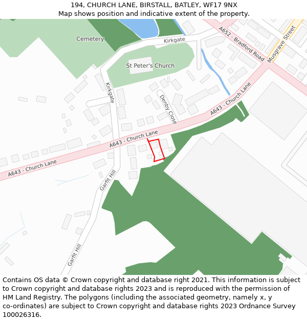 194, CHURCH LANE, BIRSTALL, BATLEY, WF17 9NX: Location map and indicative extent of plot