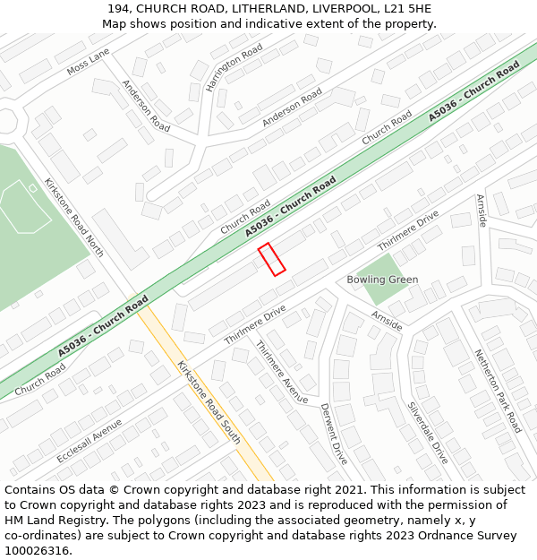 194, CHURCH ROAD, LITHERLAND, LIVERPOOL, L21 5HE: Location map and indicative extent of plot