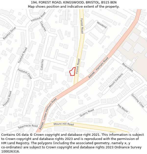 194, FOREST ROAD, KINGSWOOD, BRISTOL, BS15 8EN: Location map and indicative extent of plot