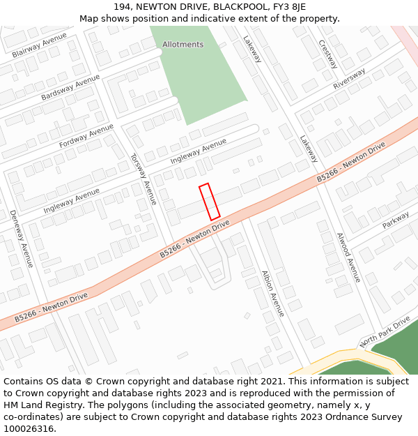 194, NEWTON DRIVE, BLACKPOOL, FY3 8JE: Location map and indicative extent of plot