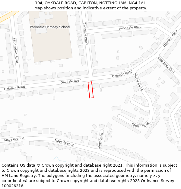 194, OAKDALE ROAD, CARLTON, NOTTINGHAM, NG4 1AH: Location map and indicative extent of plot