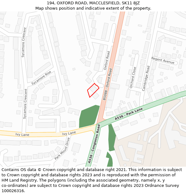 194, OXFORD ROAD, MACCLESFIELD, SK11 8JZ: Location map and indicative extent of plot