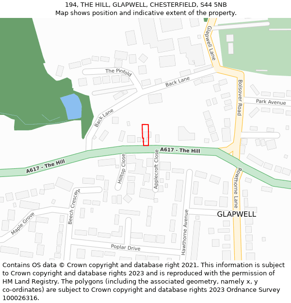 194, THE HILL, GLAPWELL, CHESTERFIELD, S44 5NB: Location map and indicative extent of plot