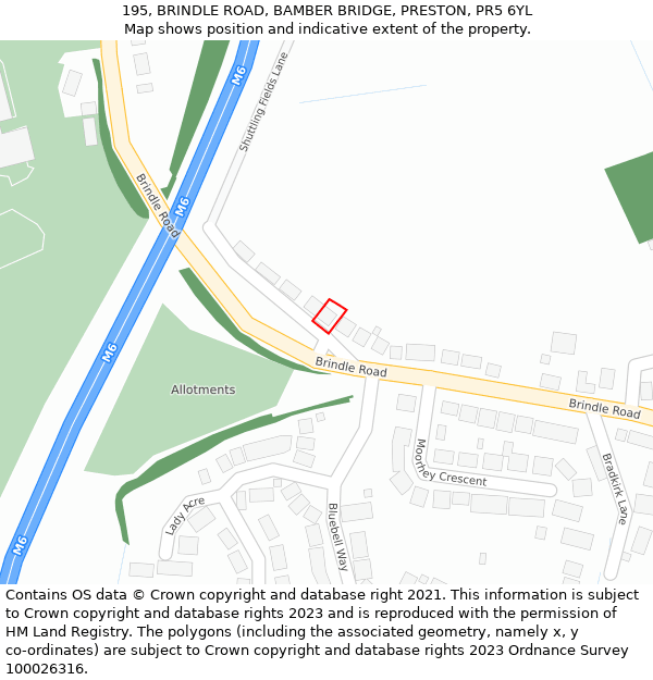 195, BRINDLE ROAD, BAMBER BRIDGE, PRESTON, PR5 6YL: Location map and indicative extent of plot