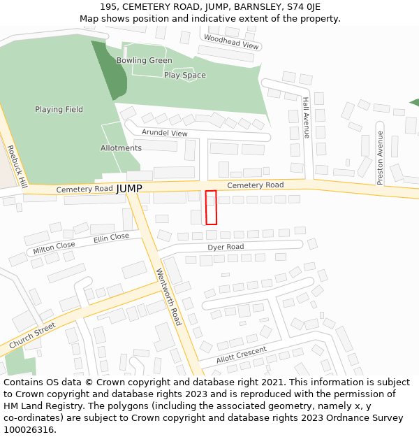 195, CEMETERY ROAD, JUMP, BARNSLEY, S74 0JE: Location map and indicative extent of plot