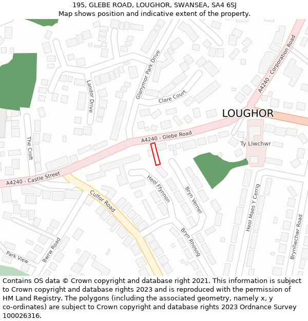 195, GLEBE ROAD, LOUGHOR, SWANSEA, SA4 6SJ: Location map and indicative extent of plot
