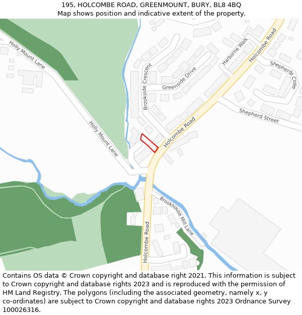195, HOLCOMBE ROAD, GREENMOUNT, BURY, BL8 4BQ: Location map and indicative extent of plot