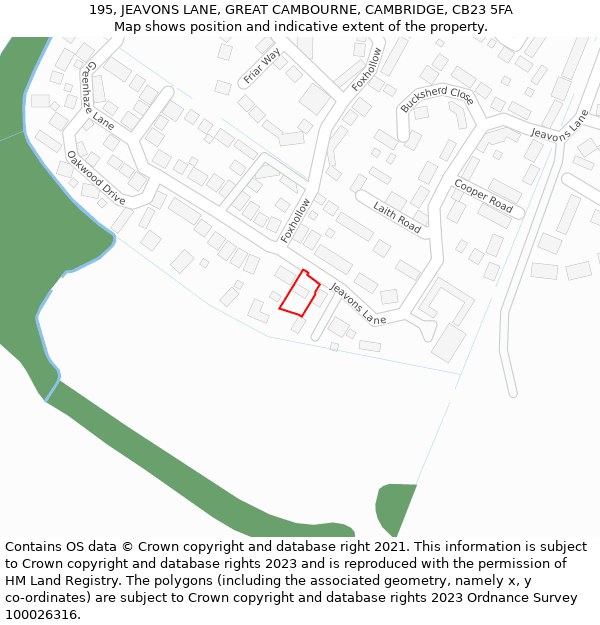 195, JEAVONS LANE, GREAT CAMBOURNE, CAMBRIDGE, CB23 5FA: Location map and indicative extent of plot