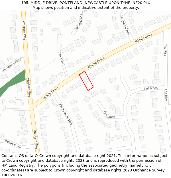 195, MIDDLE DRIVE, PONTELAND, NEWCASTLE UPON TYNE, NE20 9LU: Location map and indicative extent of plot