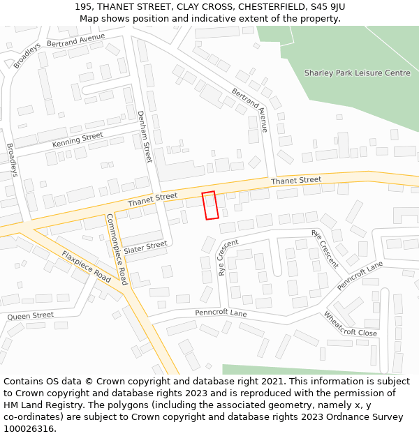 195, THANET STREET, CLAY CROSS, CHESTERFIELD, S45 9JU: Location map and indicative extent of plot