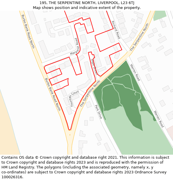 195, THE SERPENTINE NORTH, LIVERPOOL, L23 6TJ: Location map and indicative extent of plot