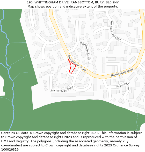 195, WHITTINGHAM DRIVE, RAMSBOTTOM, BURY, BL0 9NY: Location map and indicative extent of plot