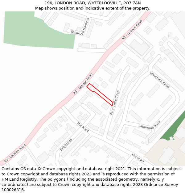 196, LONDON ROAD, WATERLOOVILLE, PO7 7AN: Location map and indicative extent of plot
