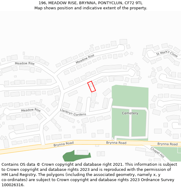 196, MEADOW RISE, BRYNNA, PONTYCLUN, CF72 9TL: Location map and indicative extent of plot