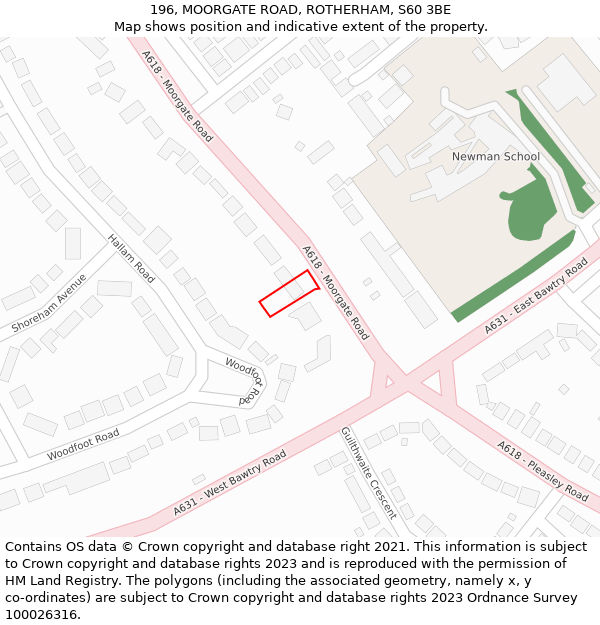 196, MOORGATE ROAD, ROTHERHAM, S60 3BE: Location map and indicative extent of plot