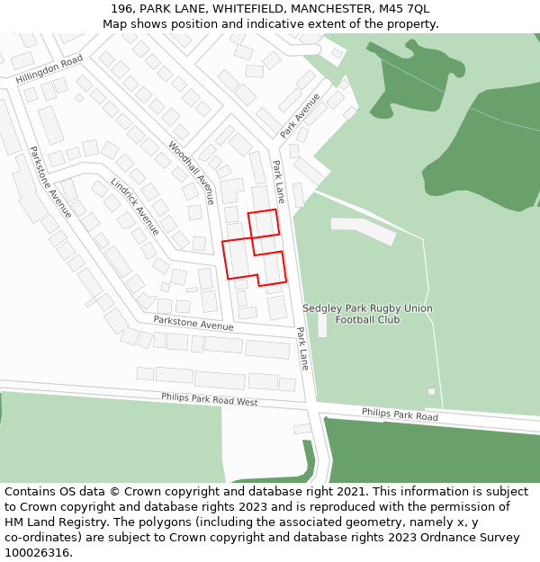 196, PARK LANE, WHITEFIELD, MANCHESTER, M45 7QL: Location map and indicative extent of plot