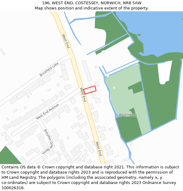 196, WEST END, COSTESSEY, NORWICH, NR8 5AW: Location map and indicative extent of plot