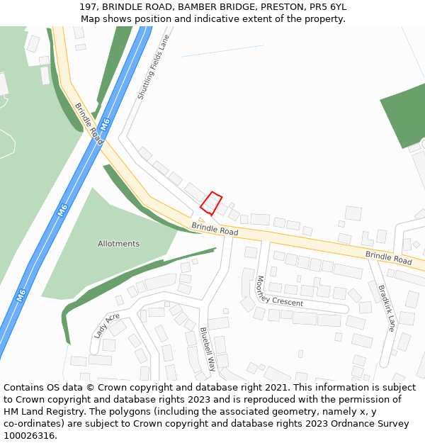 197, BRINDLE ROAD, BAMBER BRIDGE, PRESTON, PR5 6YL: Location map and indicative extent of plot