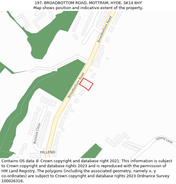 197, BROADBOTTOM ROAD, MOTTRAM, HYDE, SK14 6HY: Location map and indicative extent of plot