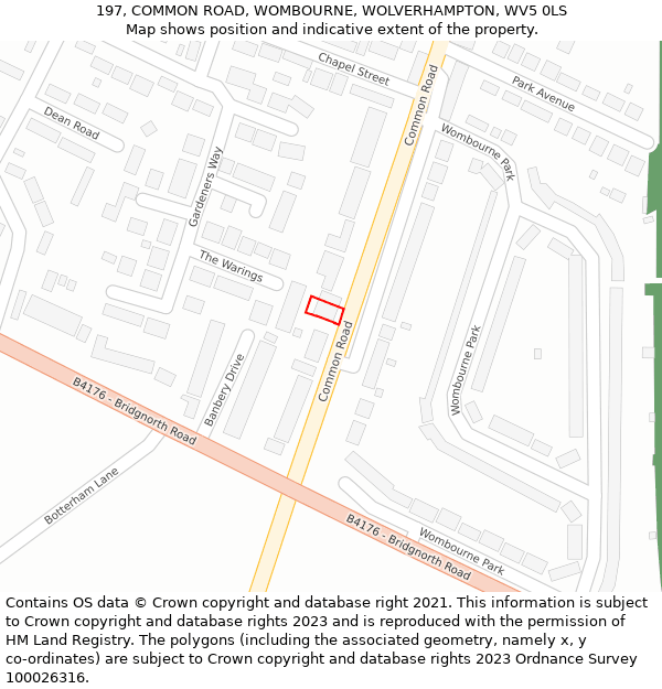 197, COMMON ROAD, WOMBOURNE, WOLVERHAMPTON, WV5 0LS: Location map and indicative extent of plot
