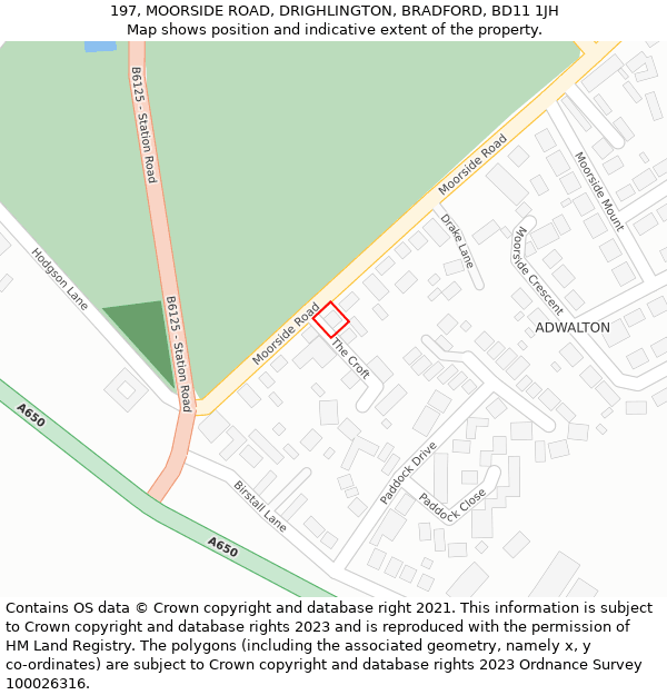 197, MOORSIDE ROAD, DRIGHLINGTON, BRADFORD, BD11 1JH: Location map and indicative extent of plot