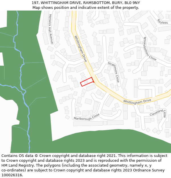 197, WHITTINGHAM DRIVE, RAMSBOTTOM, BURY, BL0 9NY: Location map and indicative extent of plot