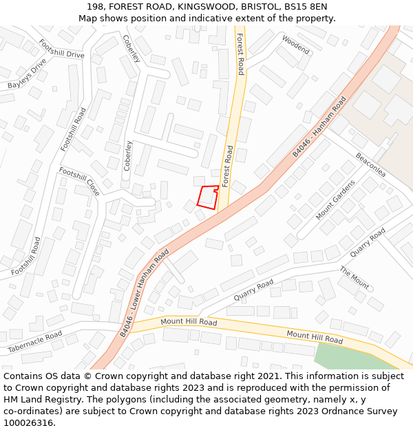 198, FOREST ROAD, KINGSWOOD, BRISTOL, BS15 8EN: Location map and indicative extent of plot