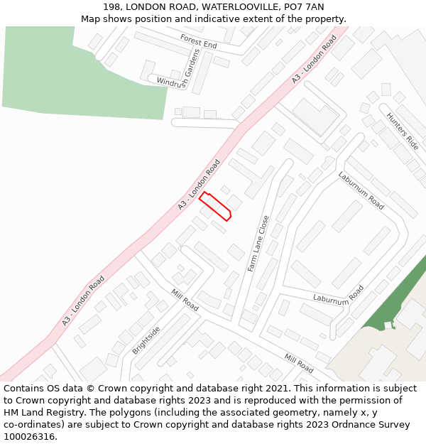 198, LONDON ROAD, WATERLOOVILLE, PO7 7AN: Location map and indicative extent of plot
