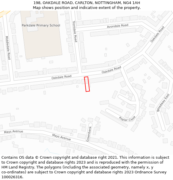 198, OAKDALE ROAD, CARLTON, NOTTINGHAM, NG4 1AH: Location map and indicative extent of plot