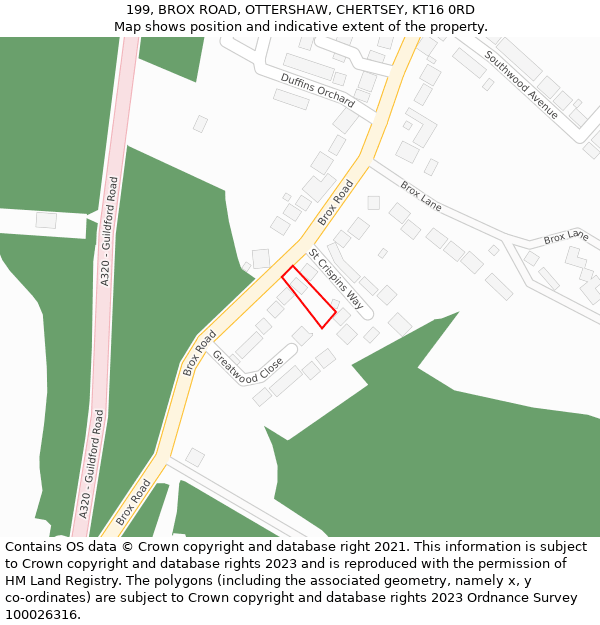 199, BROX ROAD, OTTERSHAW, CHERTSEY, KT16 0RD: Location map and indicative extent of plot