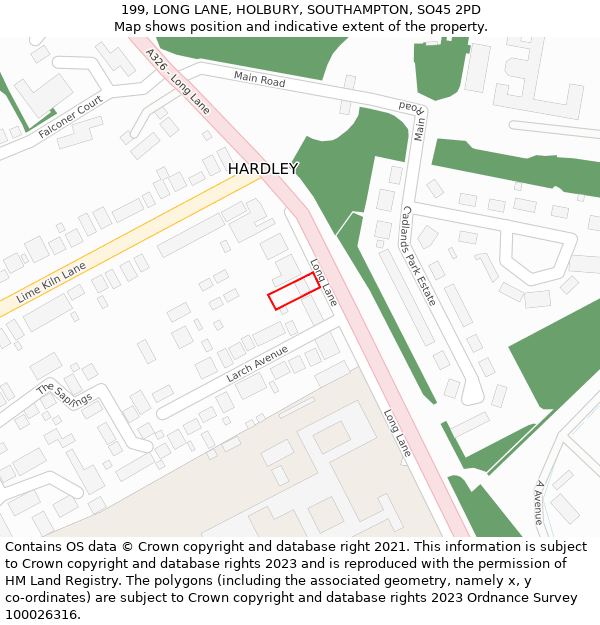 199, LONG LANE, HOLBURY, SOUTHAMPTON, SO45 2PD: Location map and indicative extent of plot