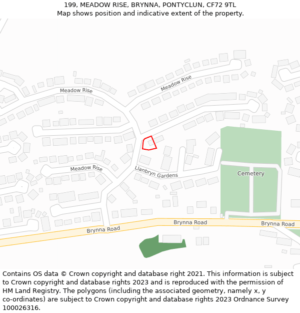 199, MEADOW RISE, BRYNNA, PONTYCLUN, CF72 9TL: Location map and indicative extent of plot