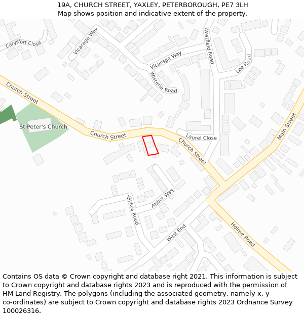 19A, CHURCH STREET, YAXLEY, PETERBOROUGH, PE7 3LH: Location map and indicative extent of plot