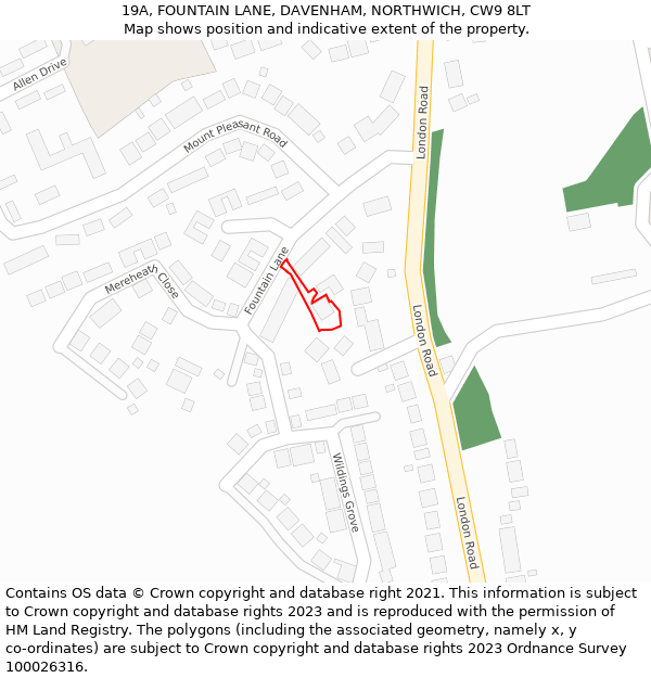 19A, FOUNTAIN LANE, DAVENHAM, NORTHWICH, CW9 8LT: Location map and indicative extent of plot