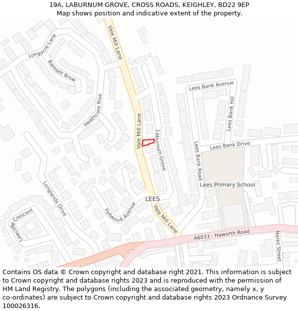 19A, LABURNUM GROVE, CROSS ROADS, KEIGHLEY, BD22 9EP: Location map and indicative extent of plot