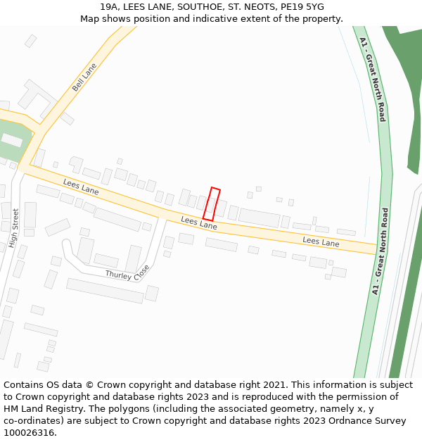 19A, LEES LANE, SOUTHOE, ST. NEOTS, PE19 5YG: Location map and indicative extent of plot