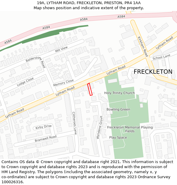 19A, LYTHAM ROAD, FRECKLETON, PRESTON, PR4 1AA: Location map and indicative extent of plot