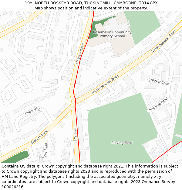 19A, NORTH ROSKEAR ROAD, TUCKINGMILL, CAMBORNE, TR14 8PX: Location map and indicative extent of plot