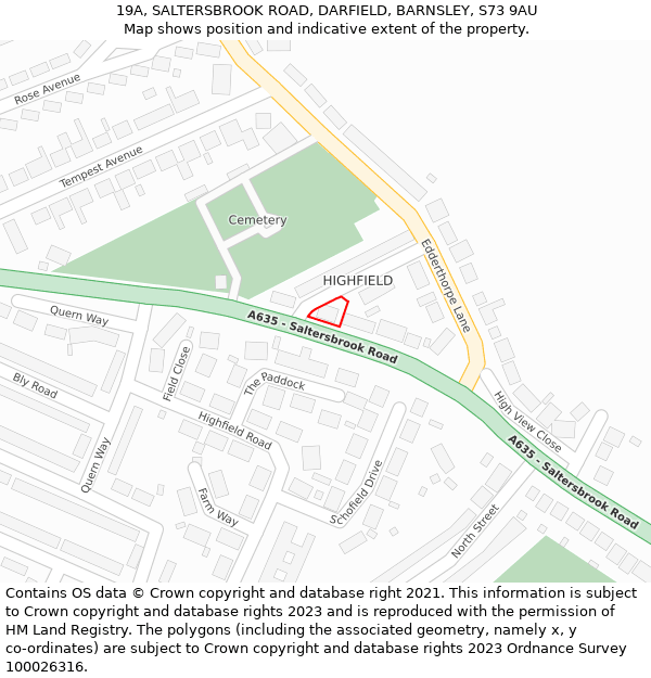 19A, SALTERSBROOK ROAD, DARFIELD, BARNSLEY, S73 9AU: Location map and indicative extent of plot