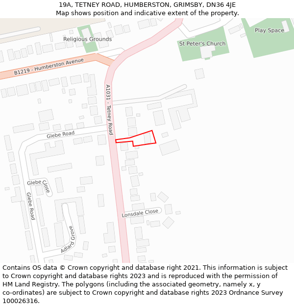 19A, TETNEY ROAD, HUMBERSTON, GRIMSBY, DN36 4JE: Location map and indicative extent of plot