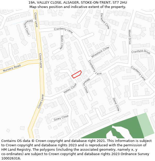19A, VALLEY CLOSE, ALSAGER, STOKE-ON-TRENT, ST7 2HU: Location map and indicative extent of plot