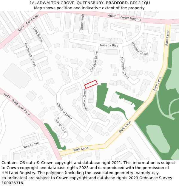 1A, ADWALTON GROVE, QUEENSBURY, BRADFORD, BD13 1QU: Location map and indicative extent of plot
